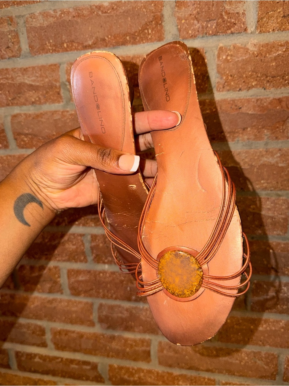 Bandolino Brown Slip-On Women’s Sandals with Decorative Medallion